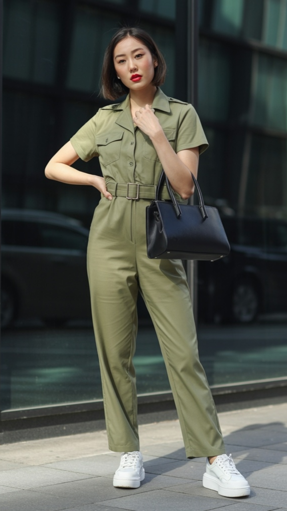 Olive belted utility jumpsuit with short sleeves, black handbag, and white platform sneakers