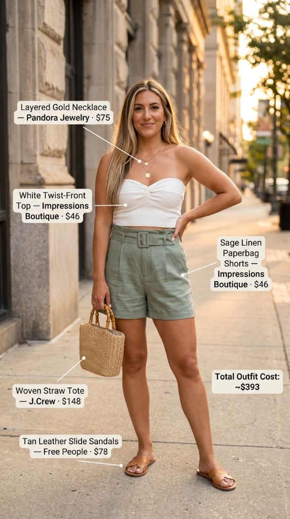 White Twist-Front Top and Sage Shorts