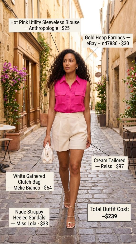 Hot Pink Utility Blouse With Cream Tailored Shorts