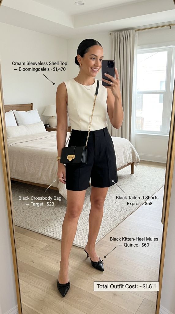 Cream Shell Top With Black Tailored Shorts