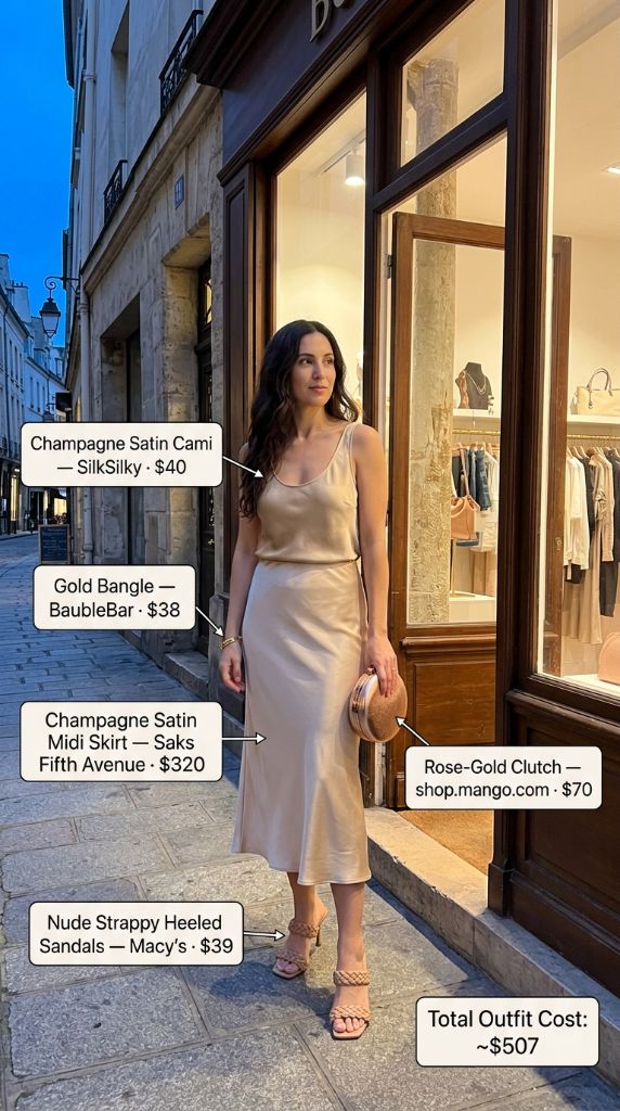 Champagne Satin Cami and Midi Skirt