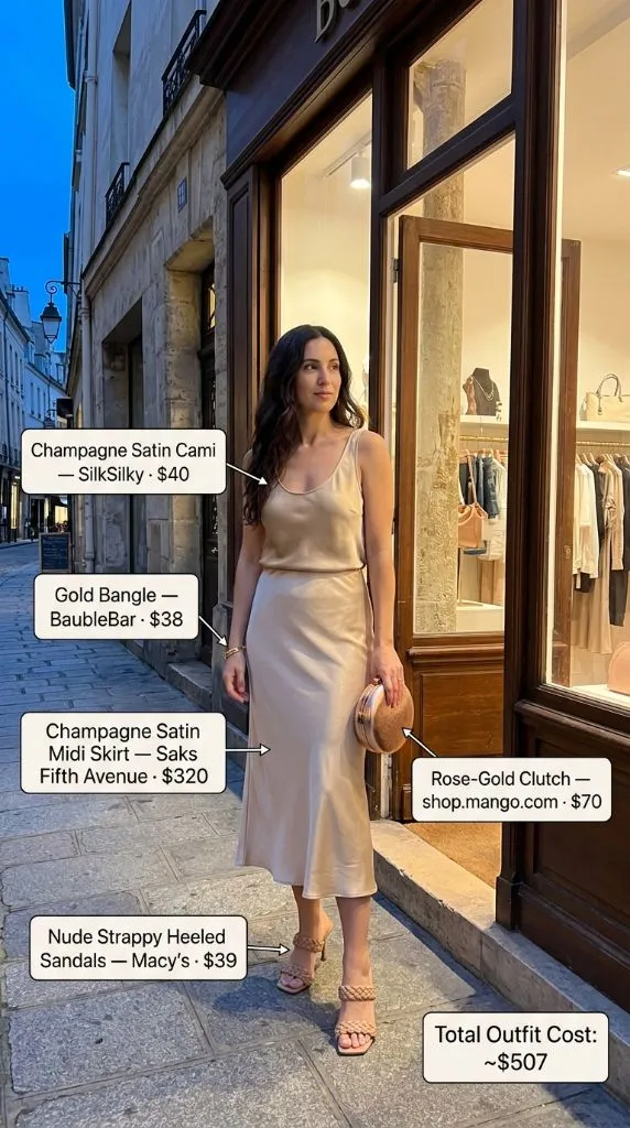Champagne Satin Cami and Midi Skirt