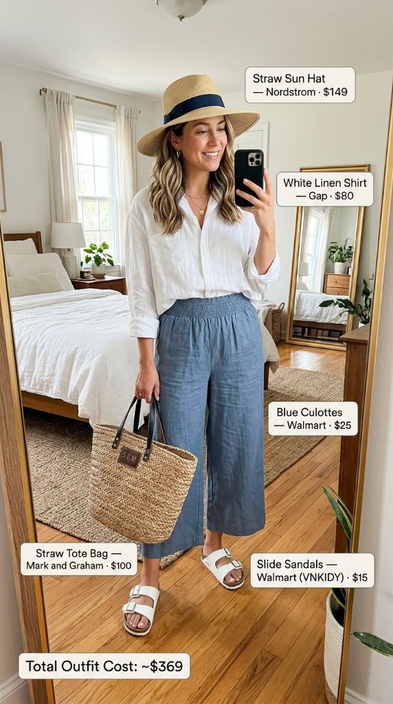 Coastal Linen Culottes With Sun Hat
