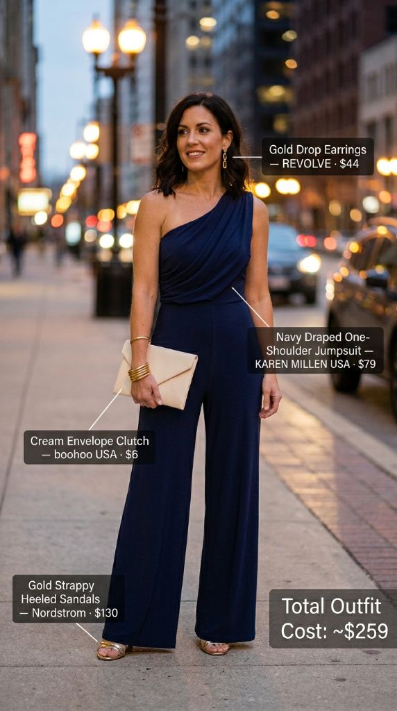 Navy Draped One-Shoulder Jumpsuit