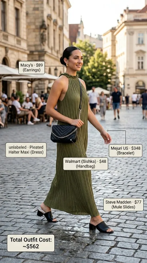 Olive Pleated Halter Maxi Dress