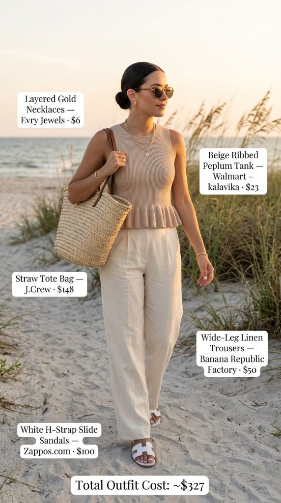 Beige Peplum Tank and Linen Trousers