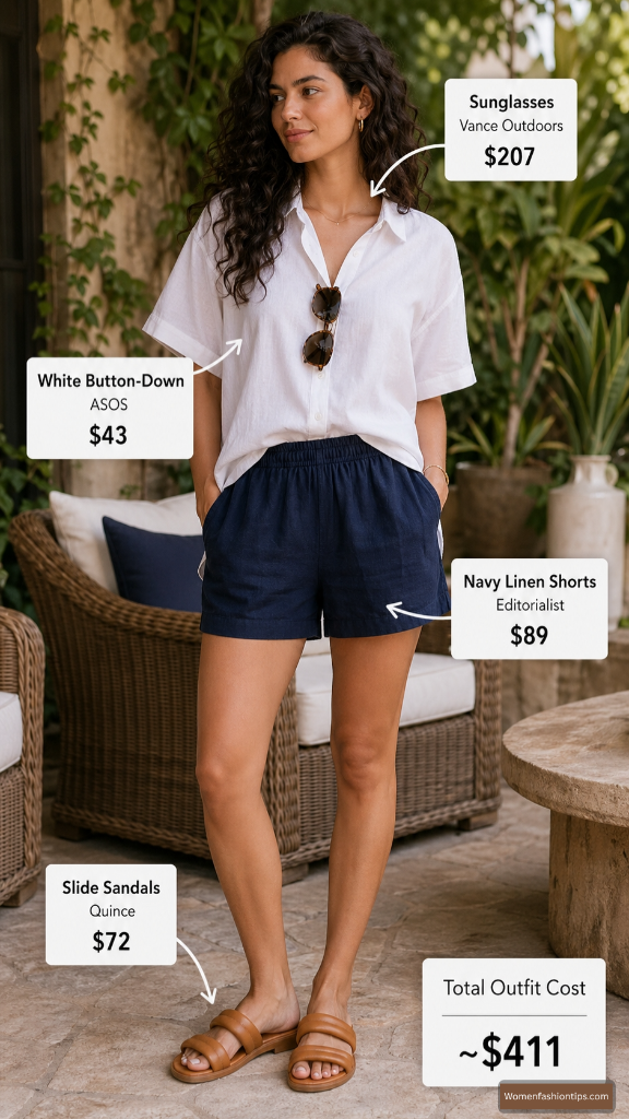 White button-down and navy linen shorts outfit
