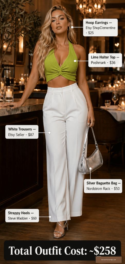 Lime Halter Top With White Trousers