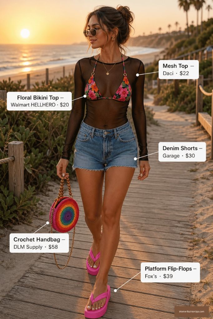 Beach Mesh Top With Floral Bikini