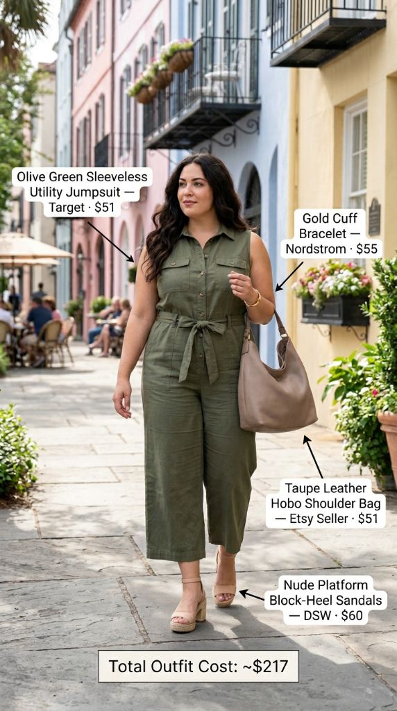 Curvy woman in olive green sleeveless utility jumpsuit with gold cuff bracelet, taupe hobo bag, and nude platform sandals on colorful Charleston street