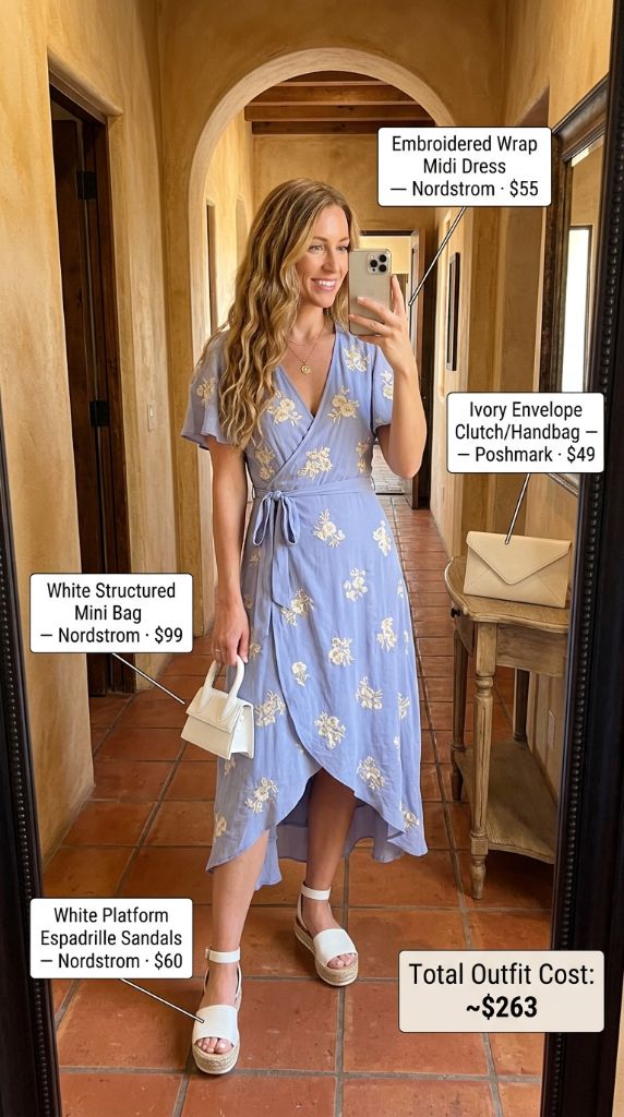 Embroidered Wrap Midi Dress