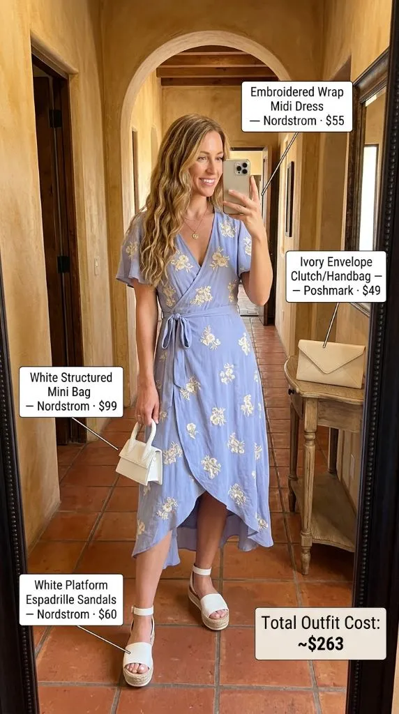Embroidered Wrap Midi Dress