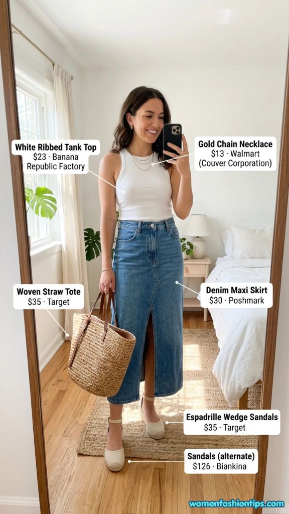 White Ribbed Tank Top with Denim Maxi Skirt