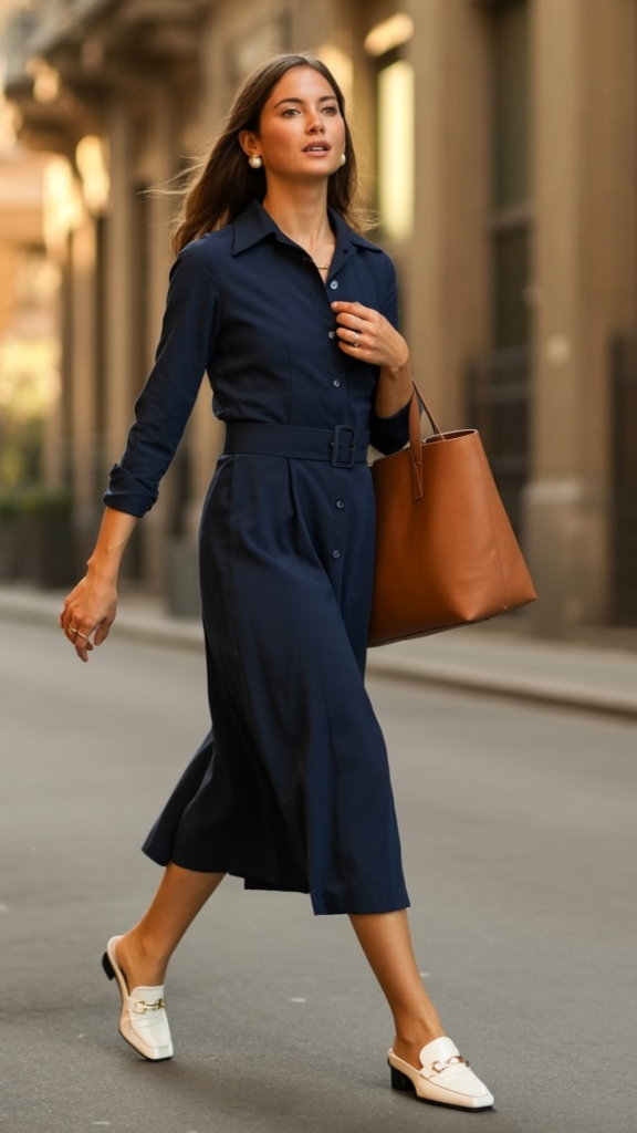 Navy blue long-sleeve belted shirtdress with cognac tote and cream loafers