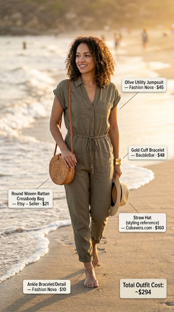 Olive Jumpsuit Beach Outfit