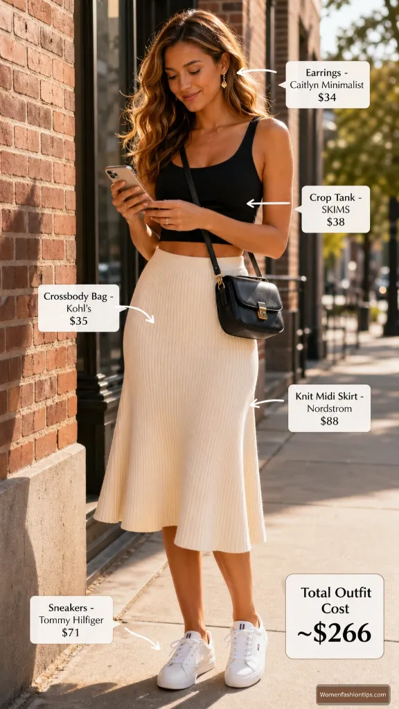 Black crop tank and cream knit midi skirt outfit