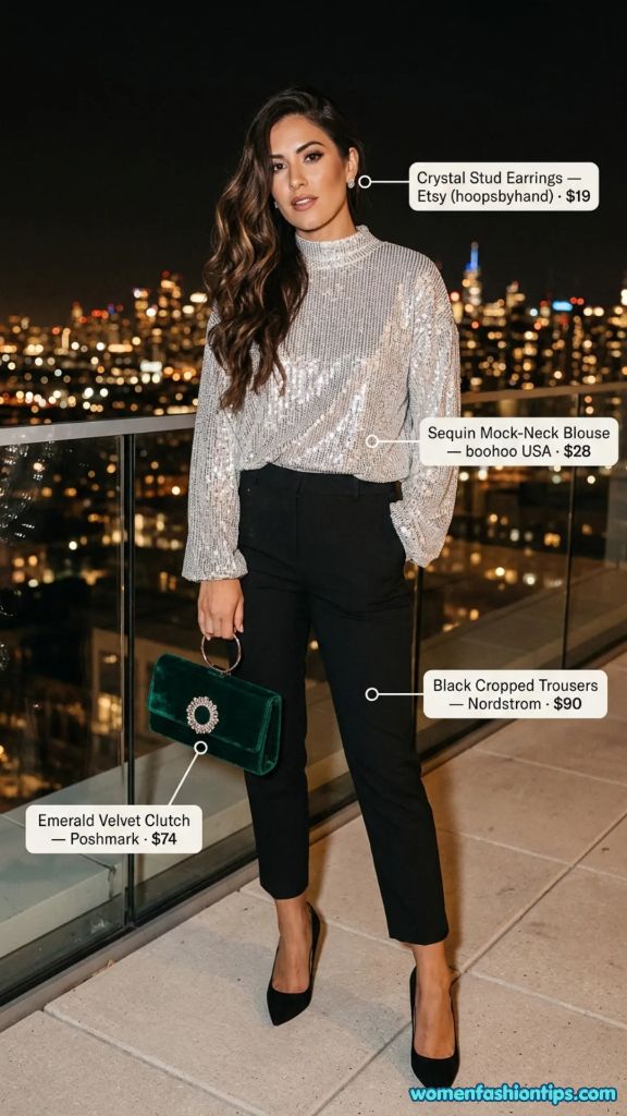 Sequin Mock-Neck Blouse with Black Cropped Trousers