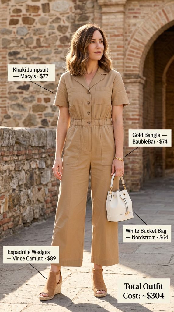 Khaki Jumpsuit with Espadrille Wedges
