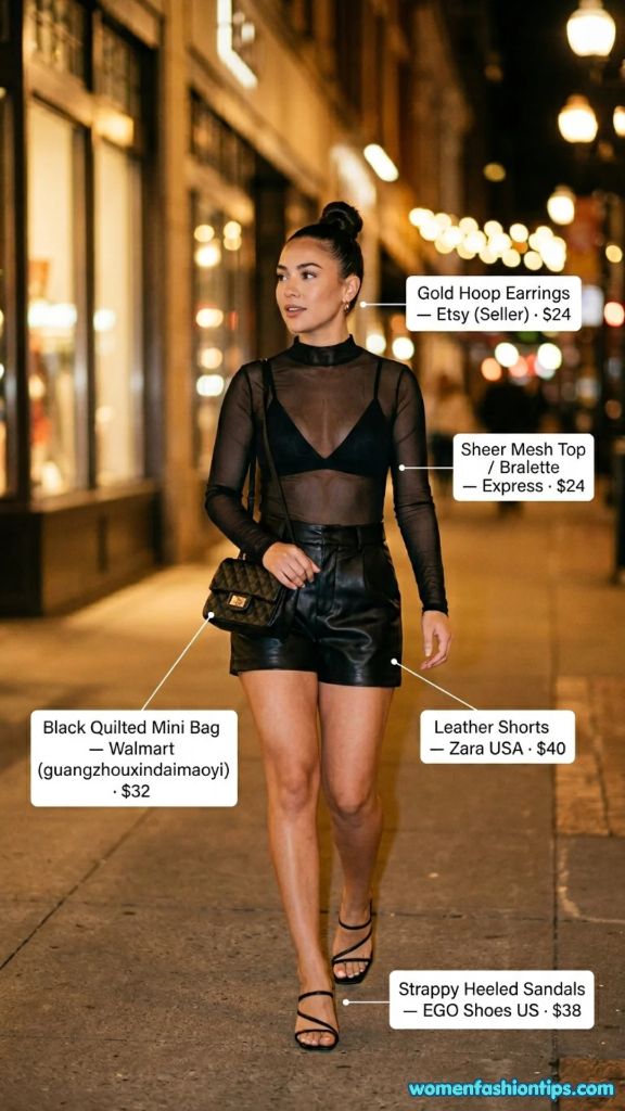 Sheer Mesh Top with Leather Shorts