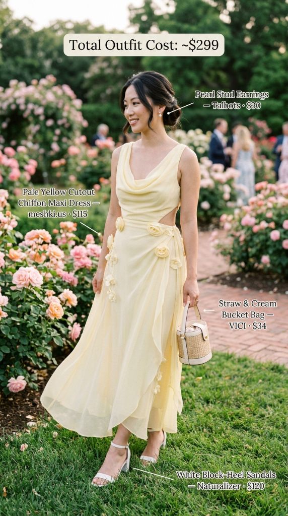 Pale Yellow Cutout Chiffon Maxi Dress Outfit