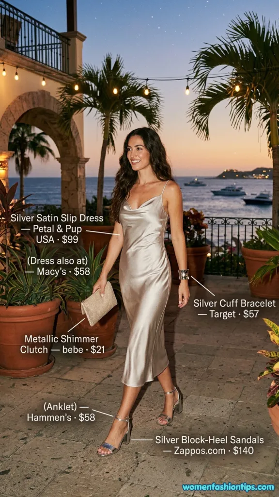 Silver Satin Slip Dress For Evening