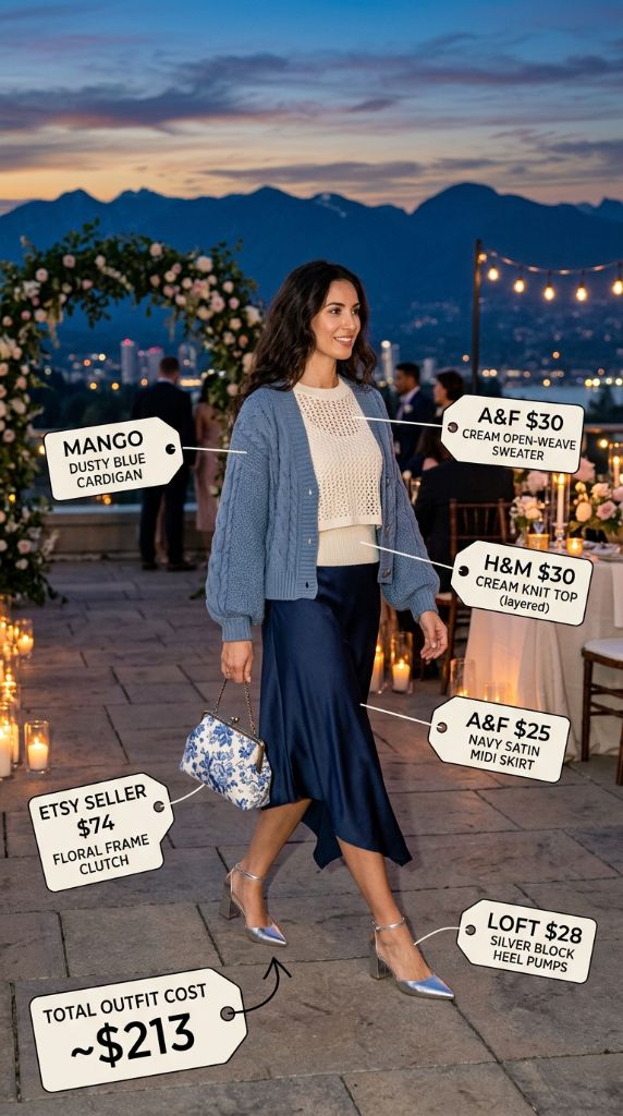 Navy Satin Midi Skirt Outfit