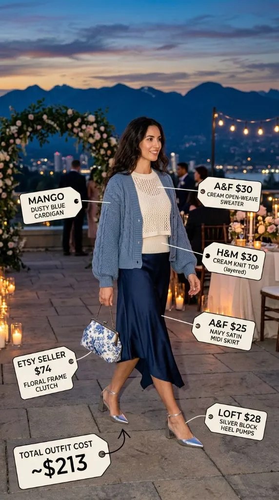 Navy Satin Midi Skirt Outfit