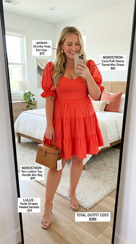 Curvy woman in coral puff-sleeve tiered mini dress with chunky gold hoop earrings, tan box bag, and nude strappy heeled sandals