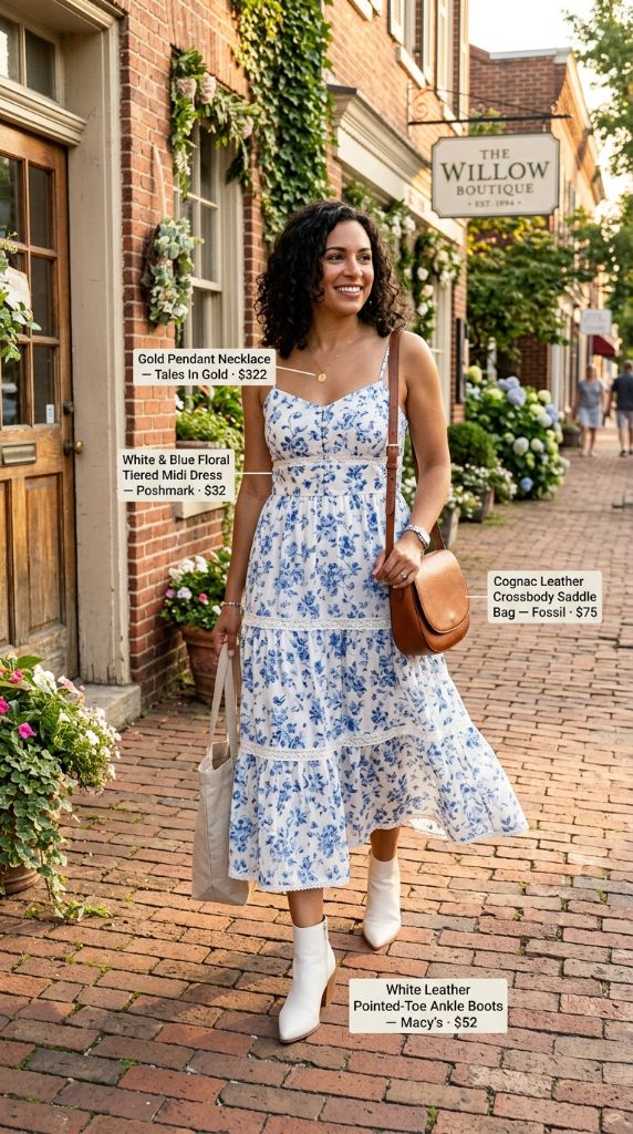 White and Blue Floral Tiered Midi Dress with White Ankle Boots