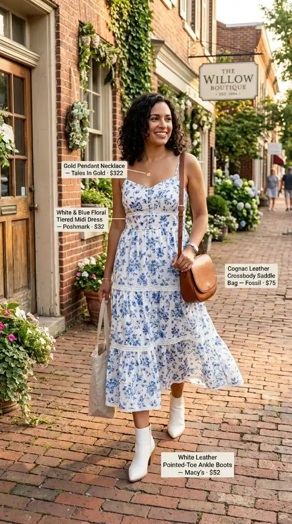 White and Blue Floral Tiered Midi Dress with White Ankle Boots