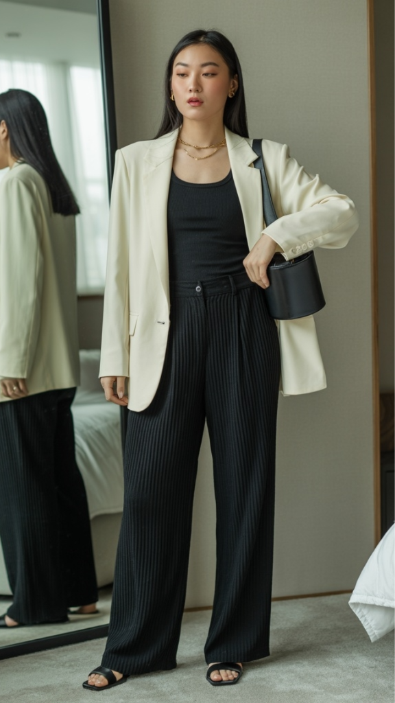 Cream blazer with black wide-leg pants outfit