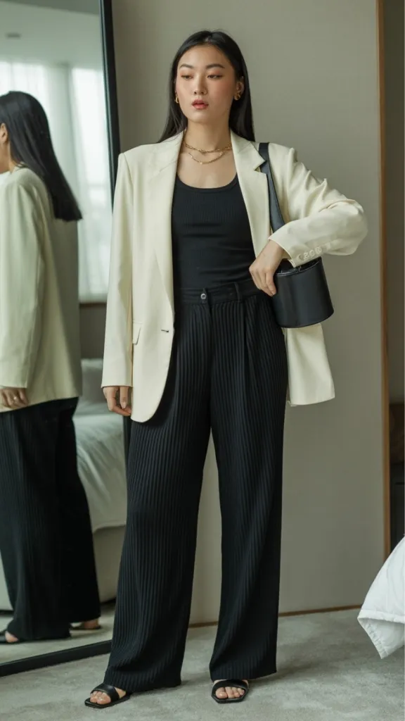 Cream blazer with black wide-leg pants outfit