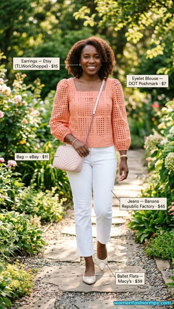 Coral Eyelet Blouse with White Jeans