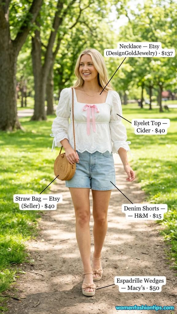 White Eyelet Top with Denim Shorts and Pink Ribbon