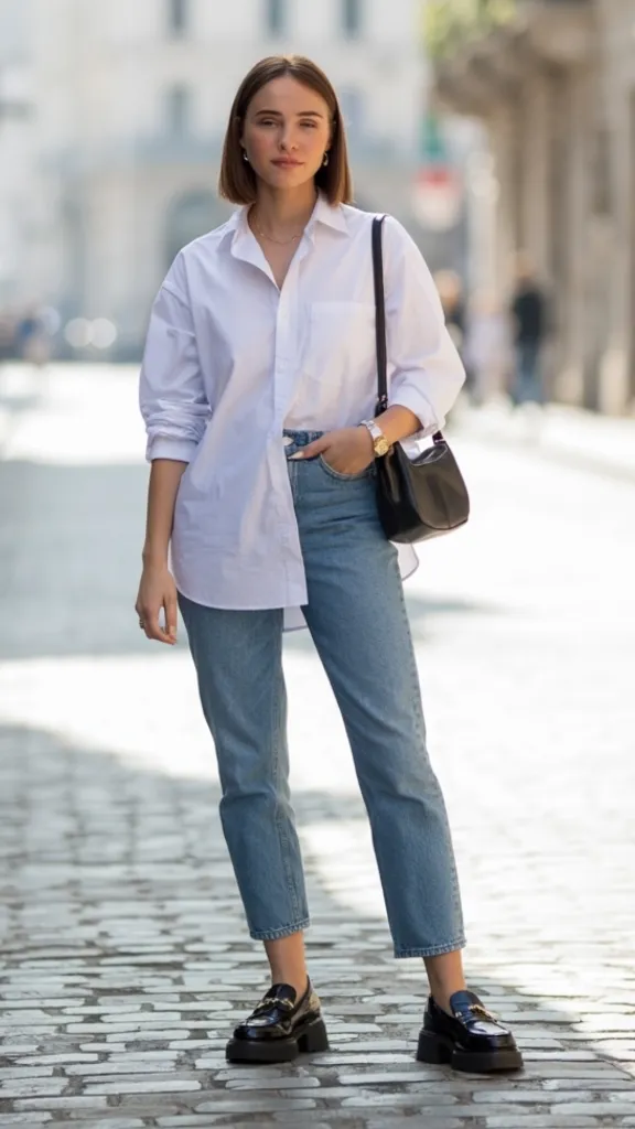 White oversized oxford button-down shirt half-tucked into light-wash straight-leg cropped jeans with black chunky platform loafers and small black crossbody bag