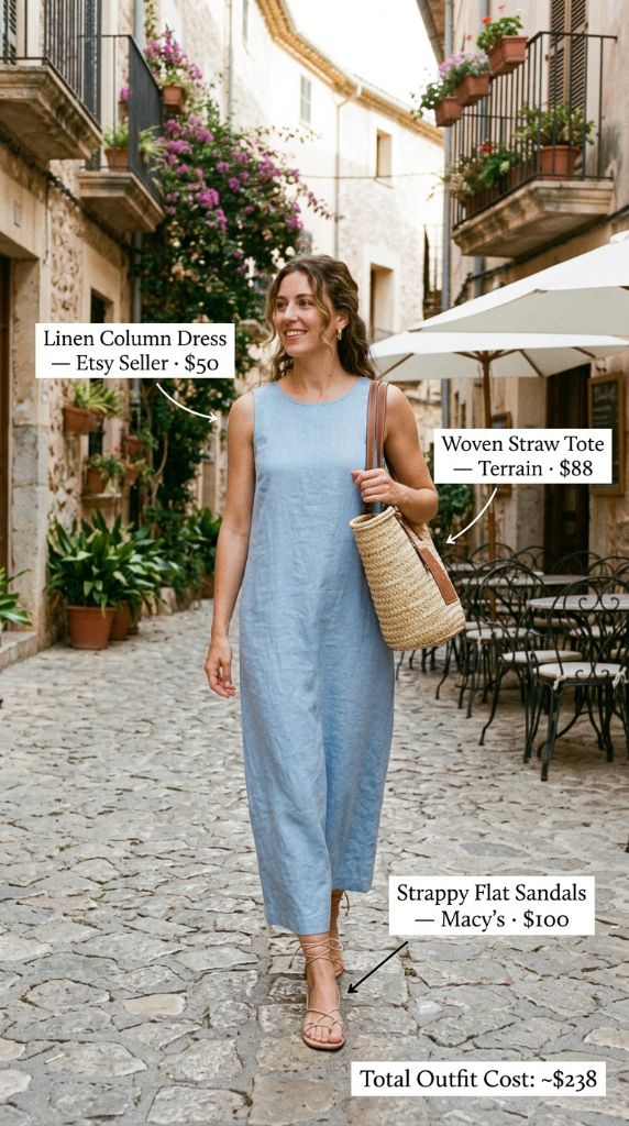 Blue Linen Column Dress Outfit