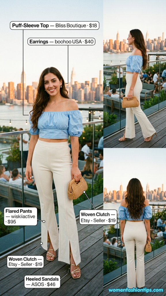 Blue puff-sleeve off-shoulder crop top with cream flared pants, woven clutch, and heeled sandals