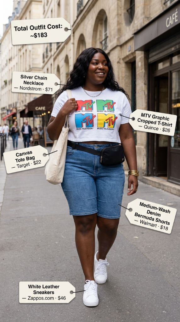 Curvy woman in MTV graphic cropped t-shirt with medium-wash denim Bermuda shorts, white sneakers, and canvas tote in Paris