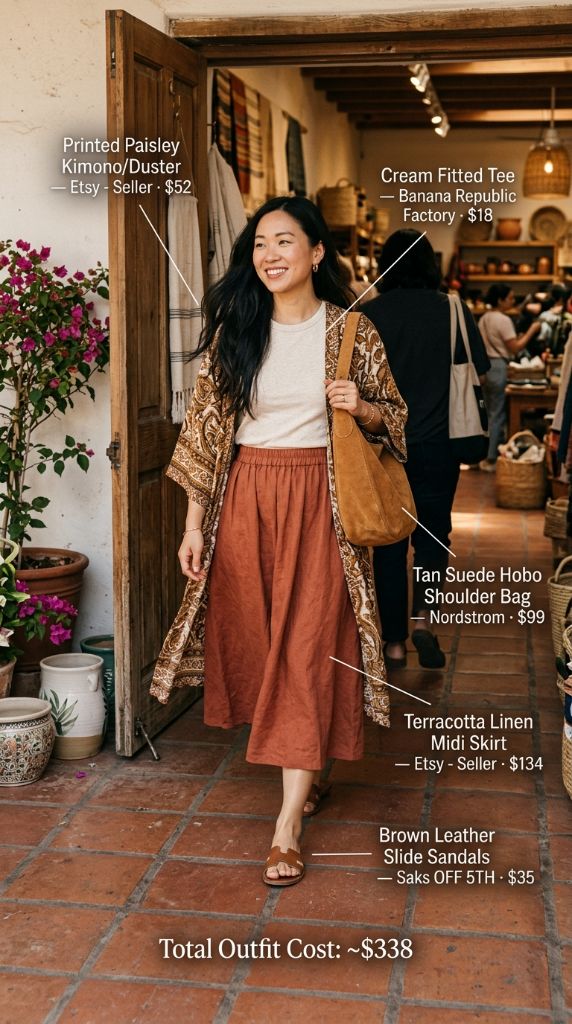 Printed Paisley Kimono/Duster with Terracotta Linen Midi Skirt