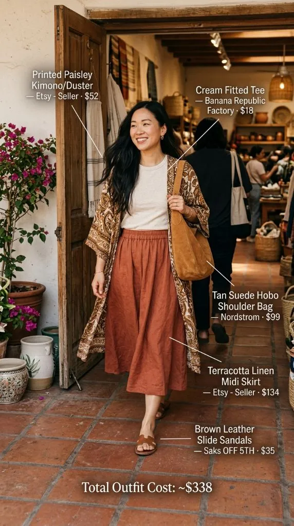 Printed Paisley Kimono/Duster with Terracotta Linen Midi Skirt