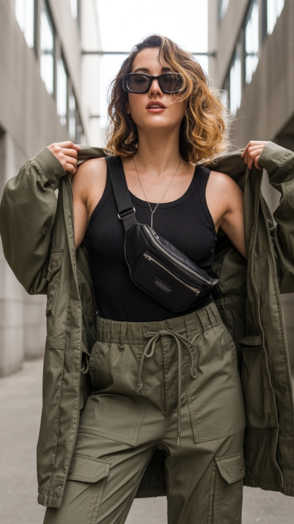 Olive green utility jacket with black tank and cargo pants