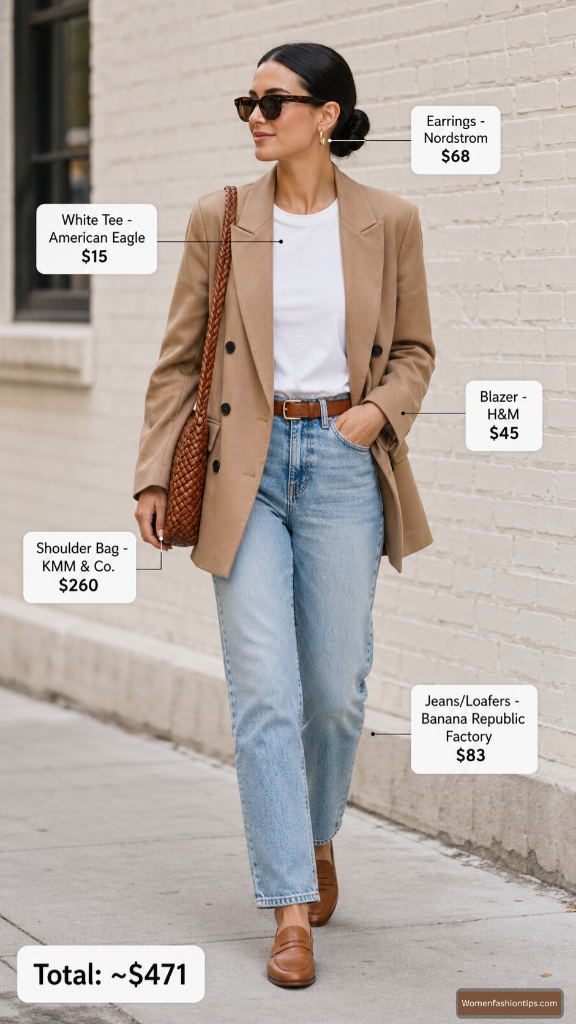 Camel Blazer With Light-Wash Denim