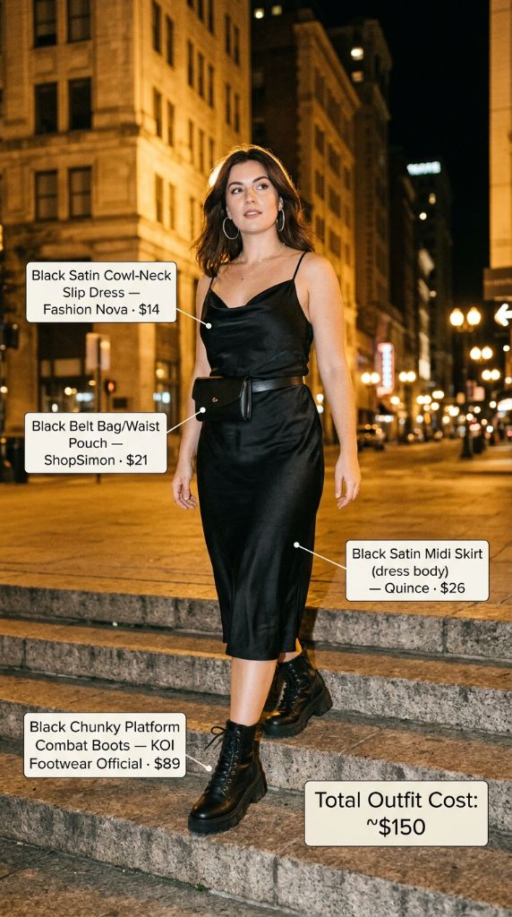 Black Satin Slip Dress with Belt Bag and Combat Boots