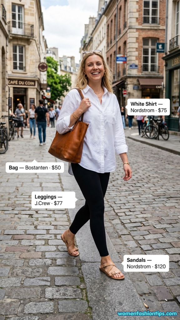 White button-down shirt with black leggings, brown leather tote bag, and sandals