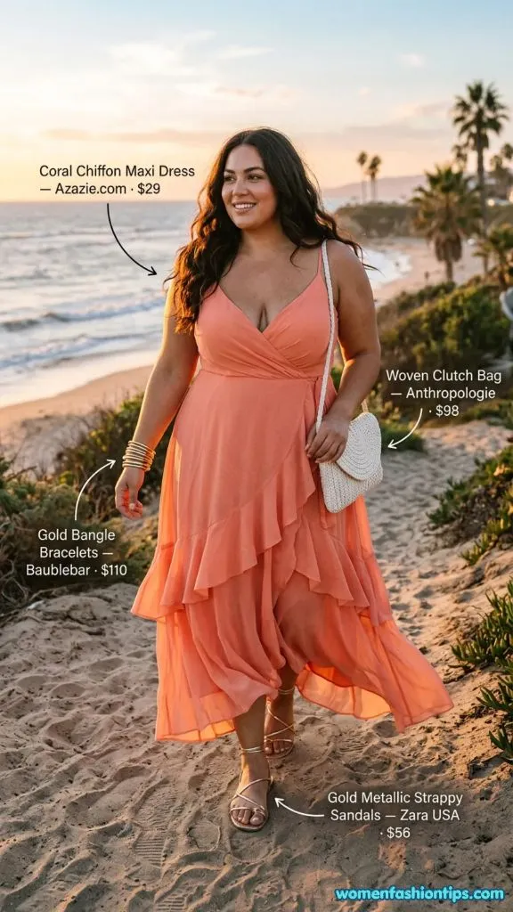 Coral chiffon maxi dress on beach at sunset with gold accessories