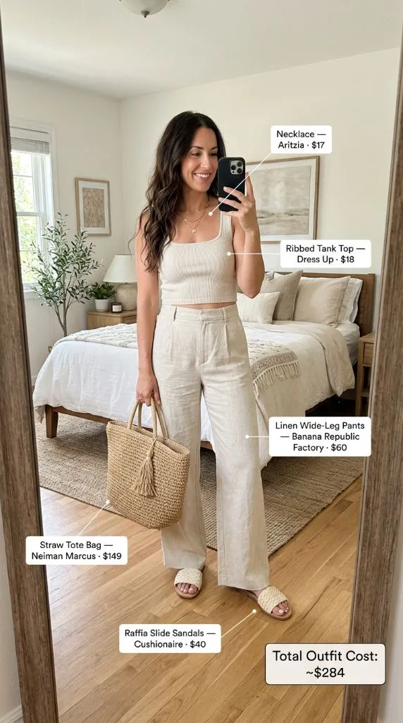 Ribbed Tank Top with Linen Wide-Leg Pants