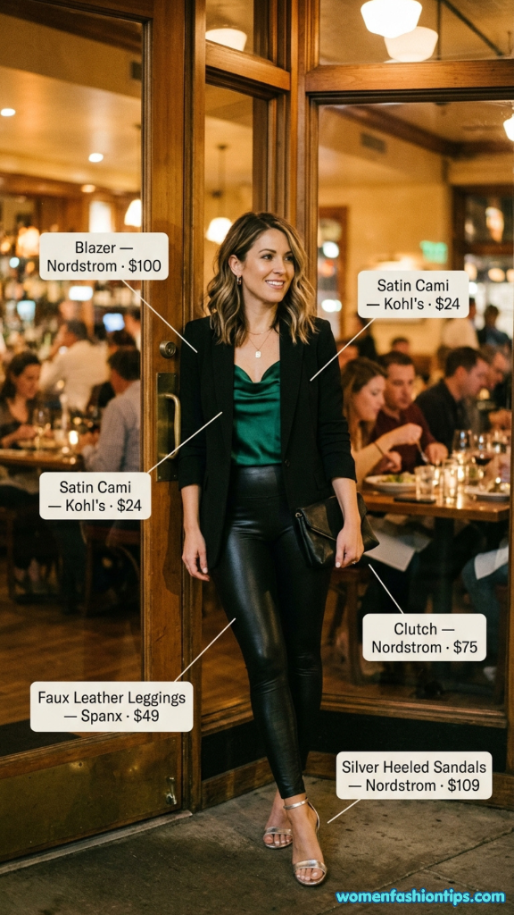 Black blazer with green satin cami, faux leather leggings, and silver heeled sandals