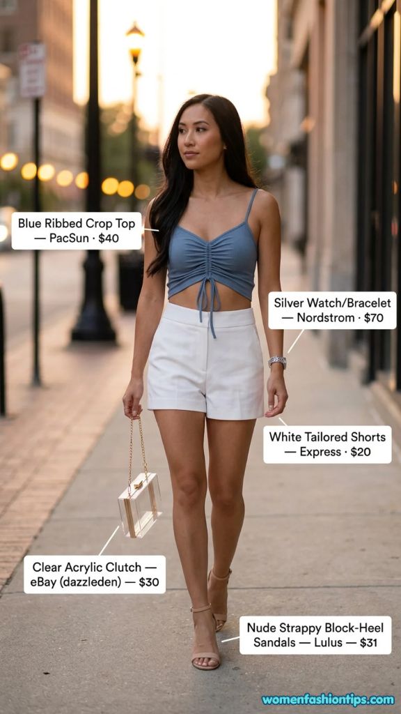 Blue Ribbed Crop Top with White Tailored Shorts