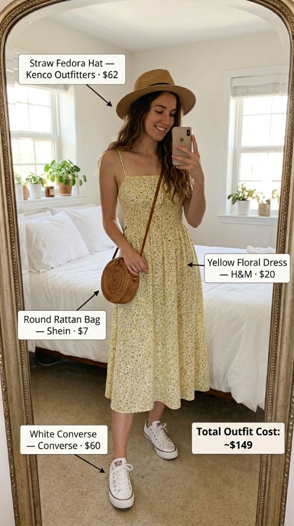 Yellow Floral Midi with Straw Hat