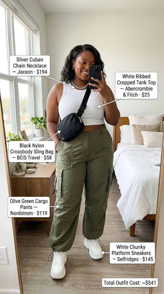 Curvy woman wearing white ribbed cropped tank top with olive green cargo pants and white platform sneakers